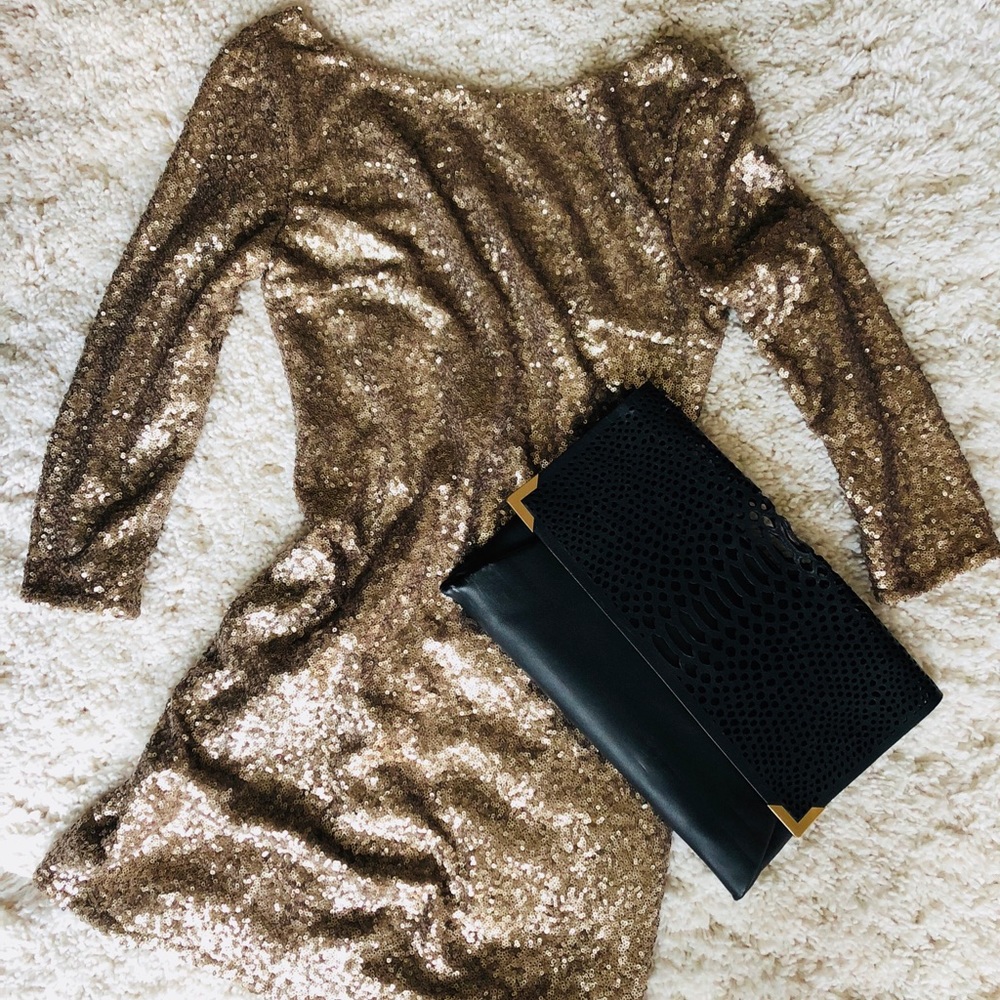 Gold sequined mini dress w/ low back